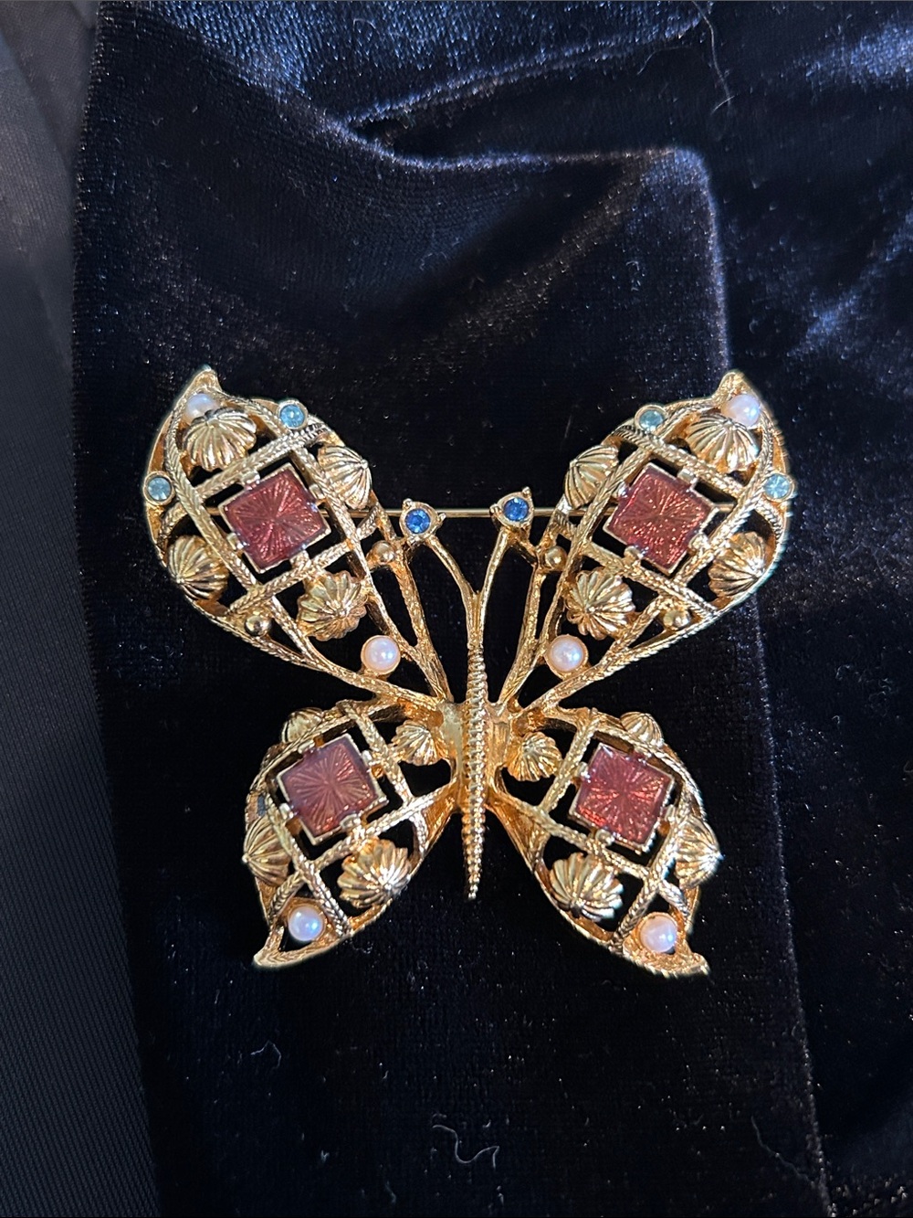 Avon Vintage Gold-Tone Butterfly Brooch with Enamel, Faux Gems and Pearls